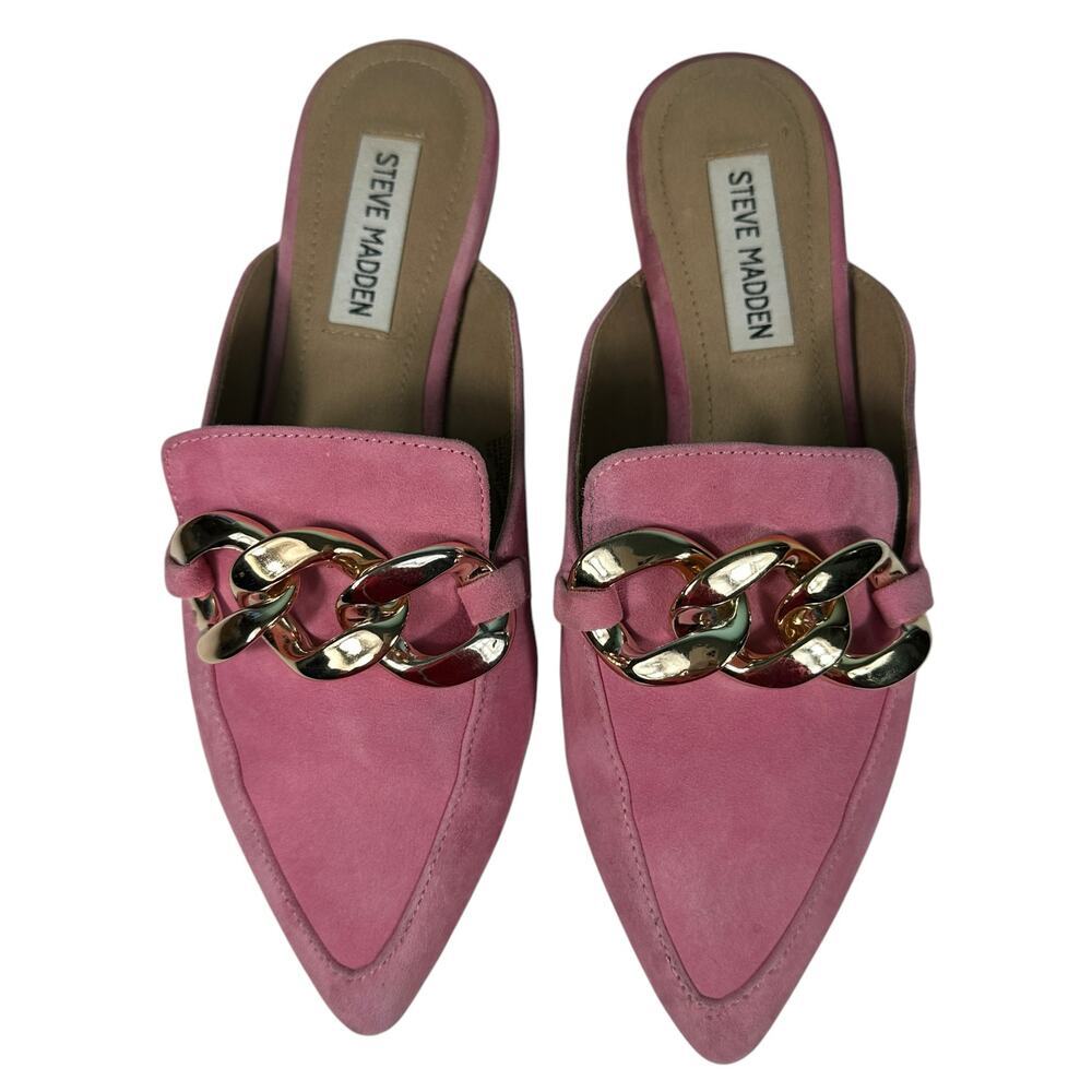 Steve Madden Chunky Gold Chain Pointed Toe Mule Barbie Pink Suede Size 6.5 - Picture 4 of 16